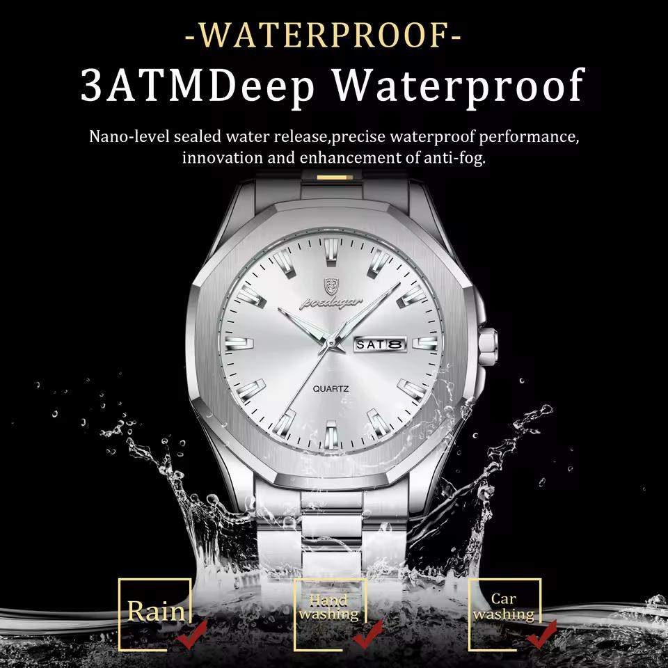 POEDAGAR Luxury Men Wristwatch Waterproof Luminous Week Date Casual Clock Stainless Steel Quartz Fashion Watches Reloj