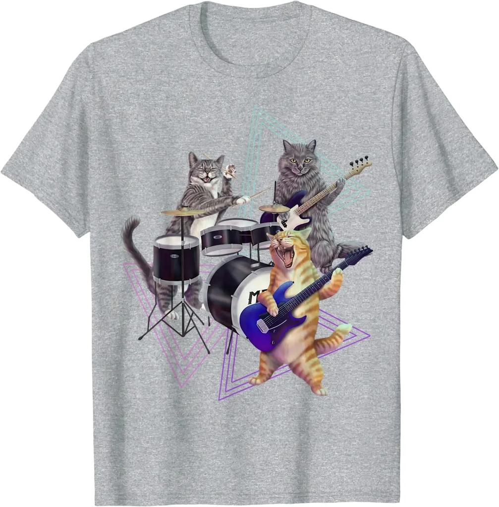Cat Band Rock Kitties On Bass Guitar and Drum FunnyT-Shirt Clothing Casual Cotton Daily Four Seasons Streetwear Unisex