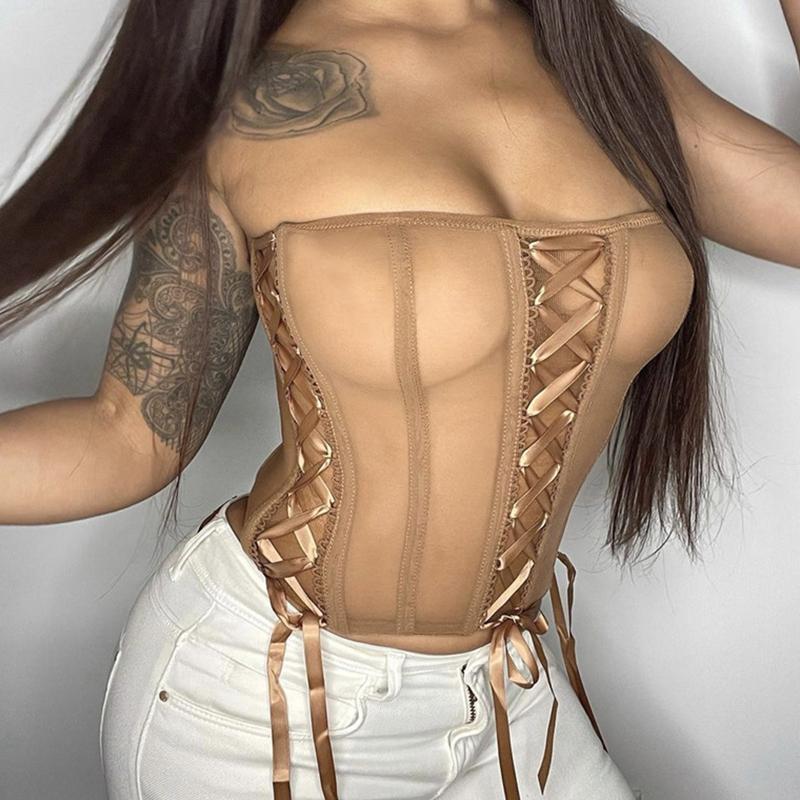 Vest Tops For Women Sexy See Through Bustier Corset Strapless Crop Tops Boned Corset Sexy Tube Top Perspective Style