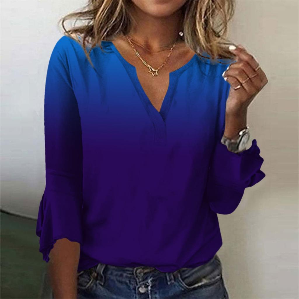 Women's Fashion Top  Casual  V-neck Printed Blouses Bell 3/4 Sleeve T-shirt