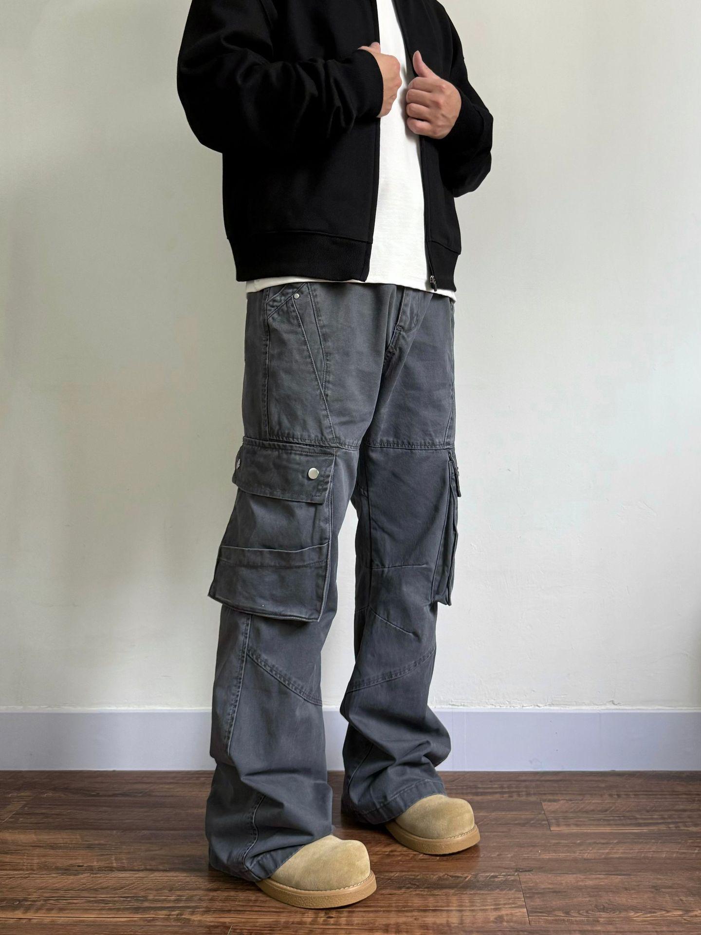 

Унисекс Выстиранные Потертые Брюки Клеш Рабочие с Множеством Карманов L серый