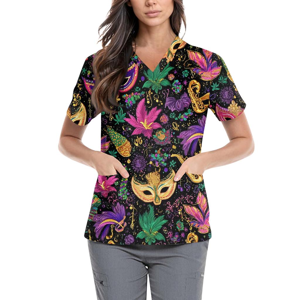 Women's Cute Printed Work Clothes V-neck Double Layer Pockets Basic Short Sleeve Top Pullover Valentines