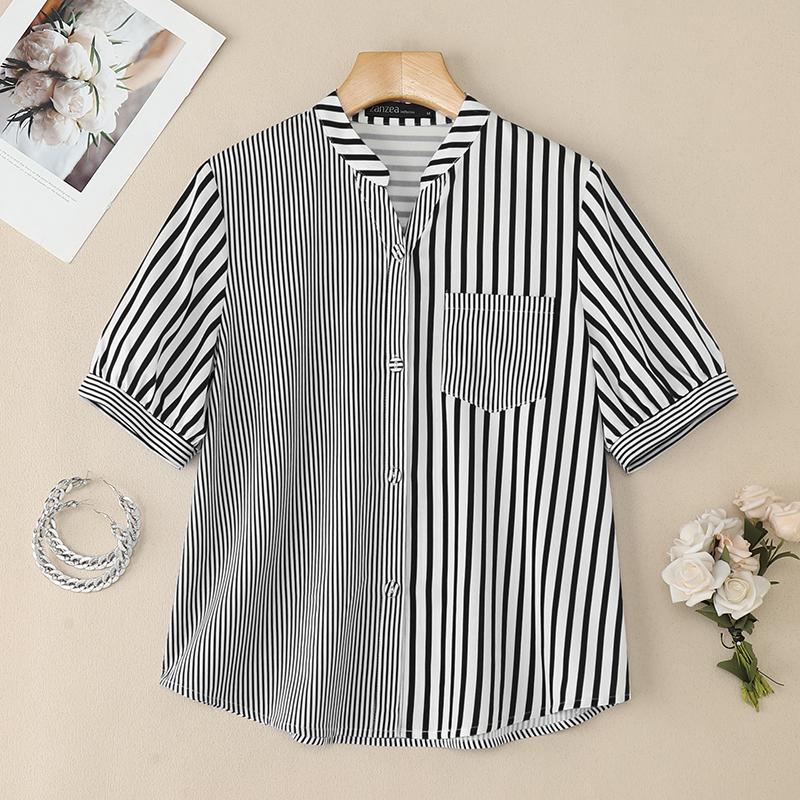 

ZANZEA Женская повседневная летняя блузка с воротником-стойкой и короткими рукавами в полоску S чёрный