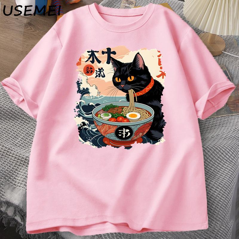 Kawaii Katt Anime T-shirt Ramen Japansk Rolig Grafisk T-shirt Kawaii Nudelkatt T-shirt Man Kortärmad T-shirt Harajuku Kläder