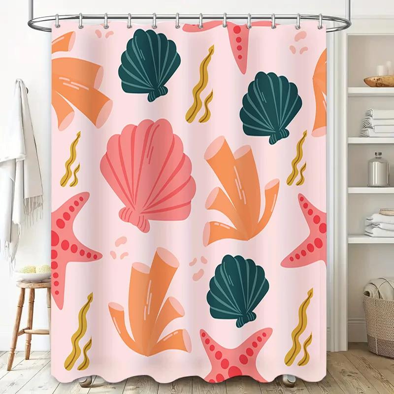 Seashell Starfish Shower Curtain Pink Green Orange Yellow Bath Decor Customizable Home Bathroom Accessory Waterproof Fabric Desi