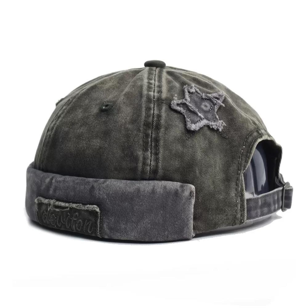

Trendy Adjustable Washed Landlord Cap Solid Color Cotton Brimless Melon Hat Letter Star Splicing Docker Beanie Vintage зелений
