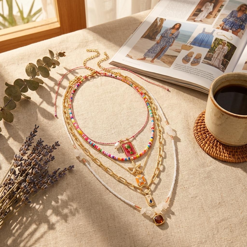 5Pcs Boho Summer Layered Necklace Set for Women Colorful Beaded Starfish Pearl Enamel Pendant Choker Beach Vacation Jewelry