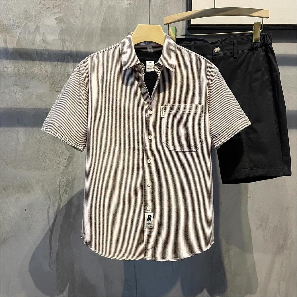 

Летняя дышащая и универсальная повседневная рубашка с коротким рукавом, модный контрастный полосатый лацкан, многослойная верхняя одежда для мужчин XXXL бежевый