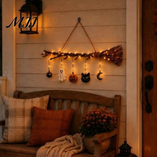 Rustic Harvest Party Supplies Halloween Witch Broom Wall Decor with LED Light, Thanksgiving Fall Front Door Sign Pumpkin Ghost Cat, Glowing
