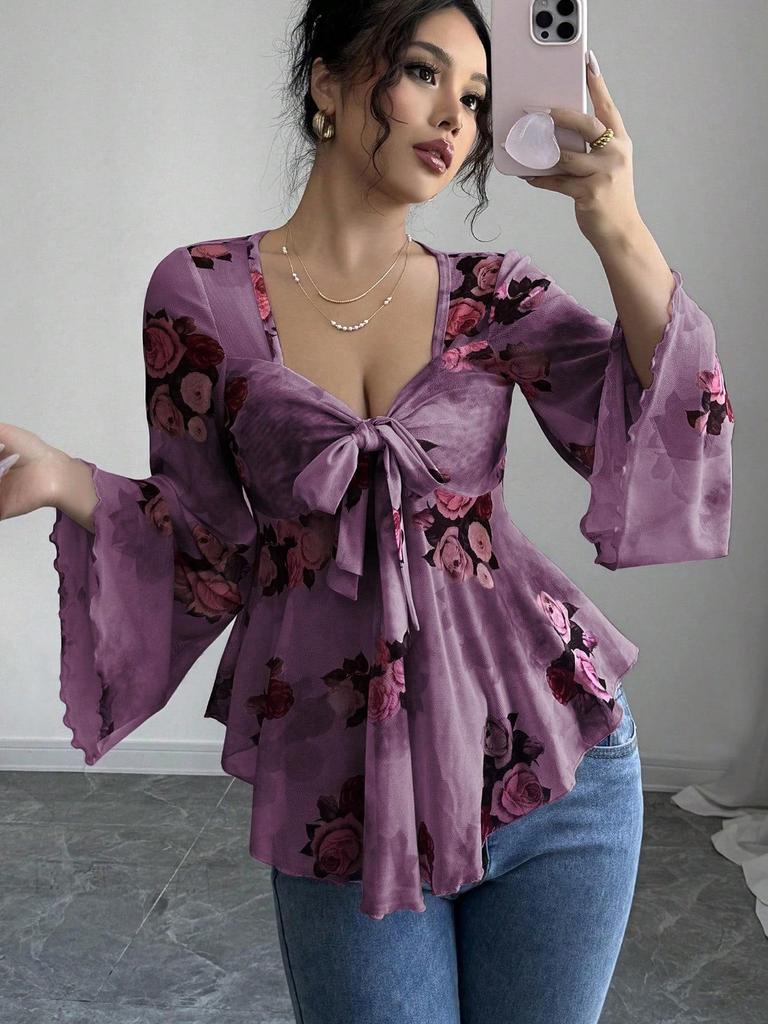 European Floral Gradient Tie-Up Square Neck Long Sleeve Shirt