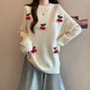 Women 3D Cherry Decorative Sweater Korean Gentle Round Neck Solid Color Sweaters Winter Fashionable Comfortable Lady Pullover Top