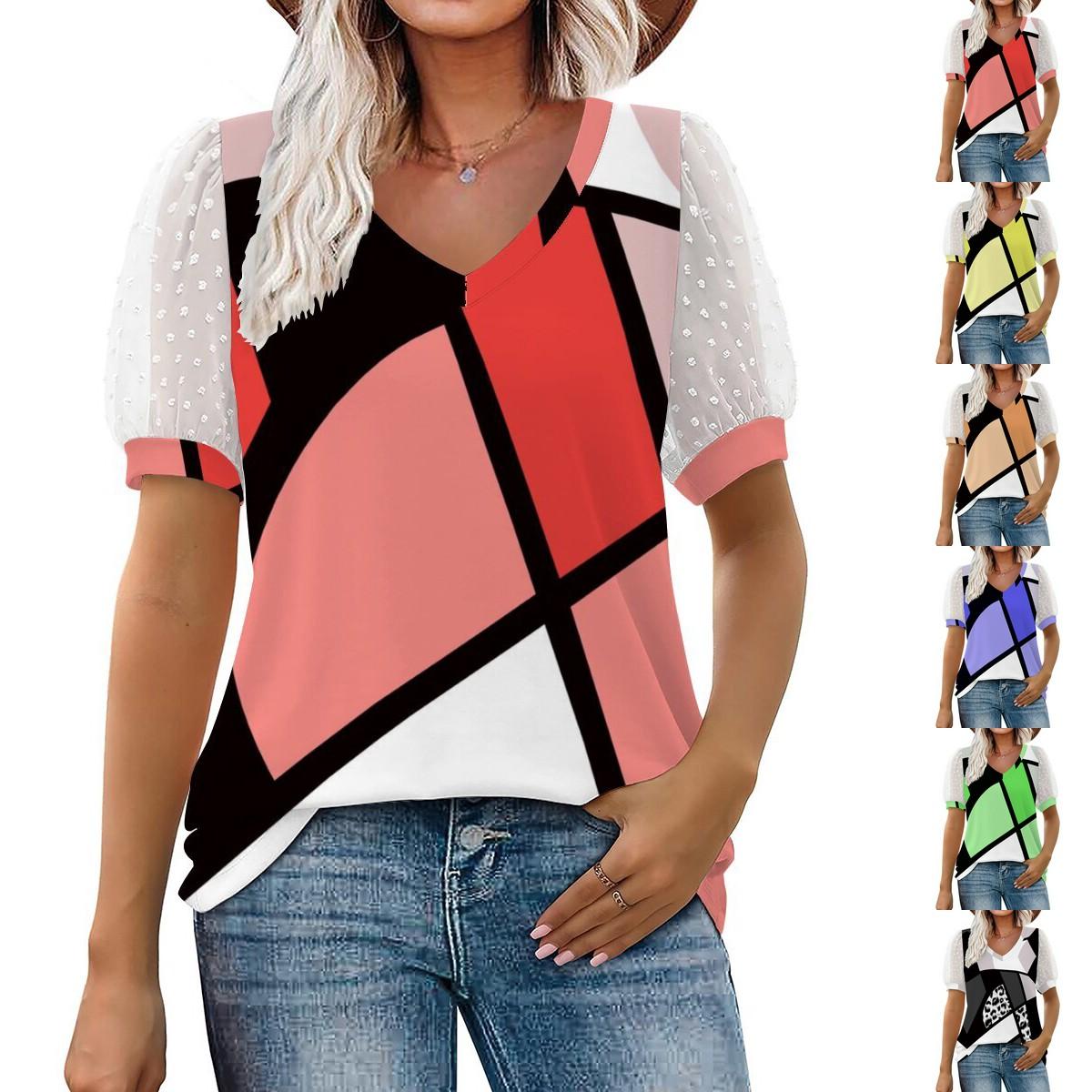 

Летняя новая модная женская повседневная футболка с v-образным вырезом и коротким рукавом с принтом больших размеров S-2XL