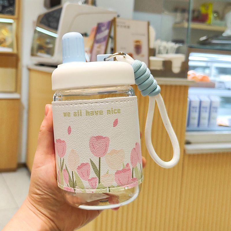 Influencer Portable Insulated Glass Water Cup with Leather Sleeve – Stylish Gift for Female Students