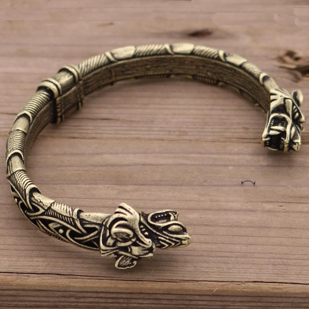 Mythical Pirate Viking Open Cuff Bracelet With Wolf Head Vintage Jewelry