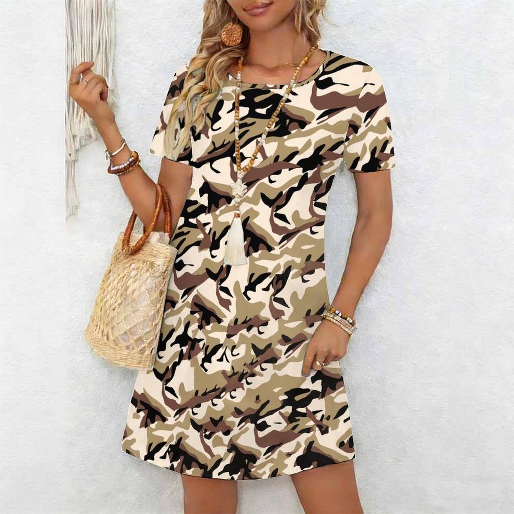 Plus Size Round Neck Short Sleeve Dress Colorful Wild Floral Print For Outdoor Coffee Time