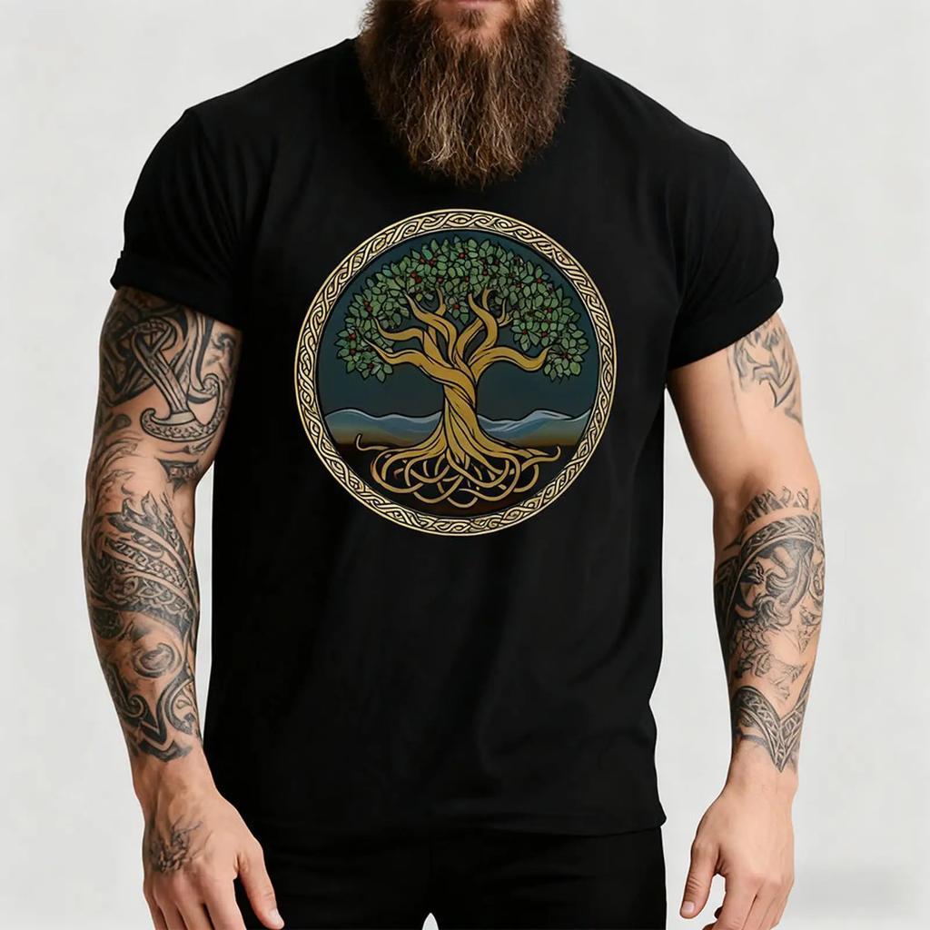 Person Wearing A Viking Yggdrasil Tree Of Life Black T Shirtimg Vintage Stylish Designer Clothes Homme Unisex