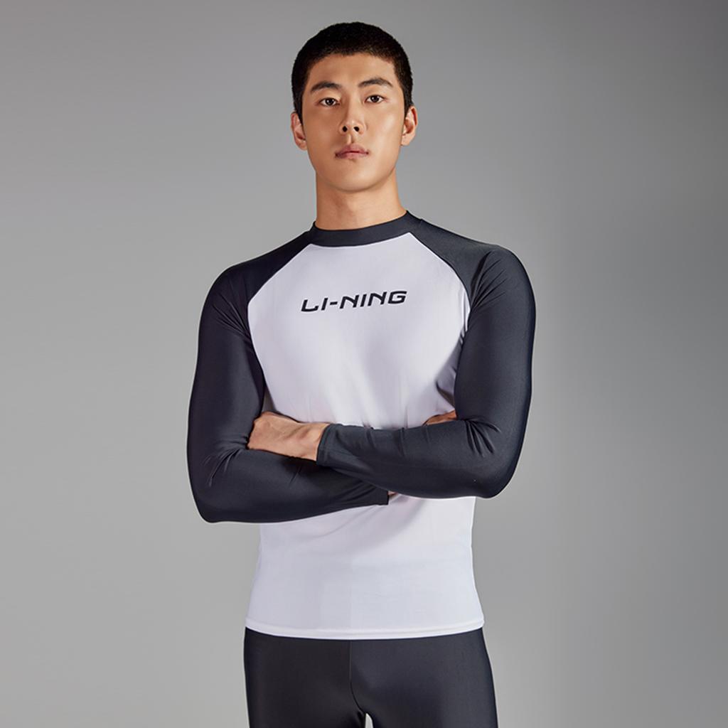 Li Ning Swimming Series Letter Round Neck Pullover Long Sleeve Swimsuit Men swimsuit Black Standard-White ASLT085-2