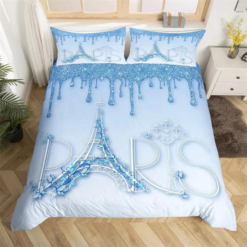 Paris Duvet Cover Set Eiffel Tower Bedding Set Queen Polyester Romantic French Flower Quilt Cover For Girl Teen Women Room Decor