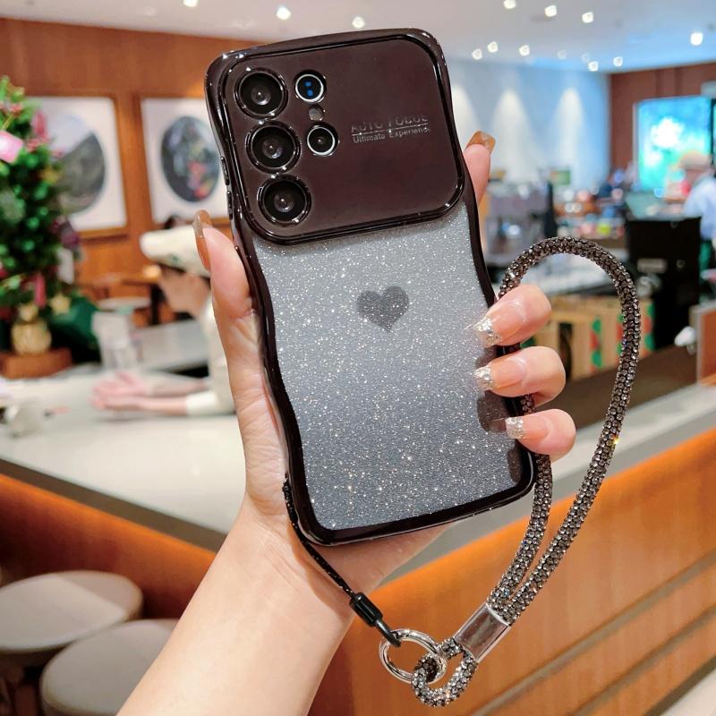 

Чехол для Samsung Galaxy S25 Ultra с ремешком, гальваническое TPU покрытие для телефона, градиент с блестками в виде сердечек Black