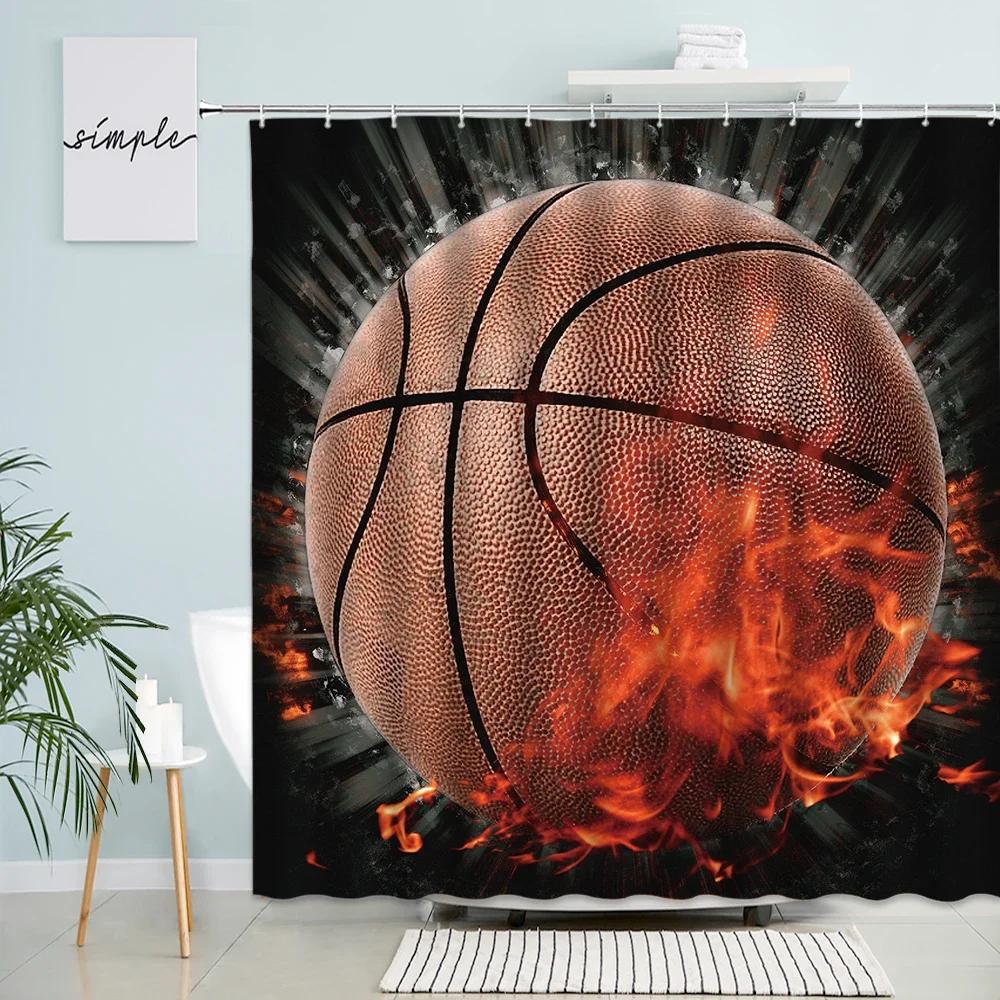Sports Theme Shower Curtain Basketball Football Abstract Creative Pattern Bathroom Decor With Hook Waterproof Polyester Screen