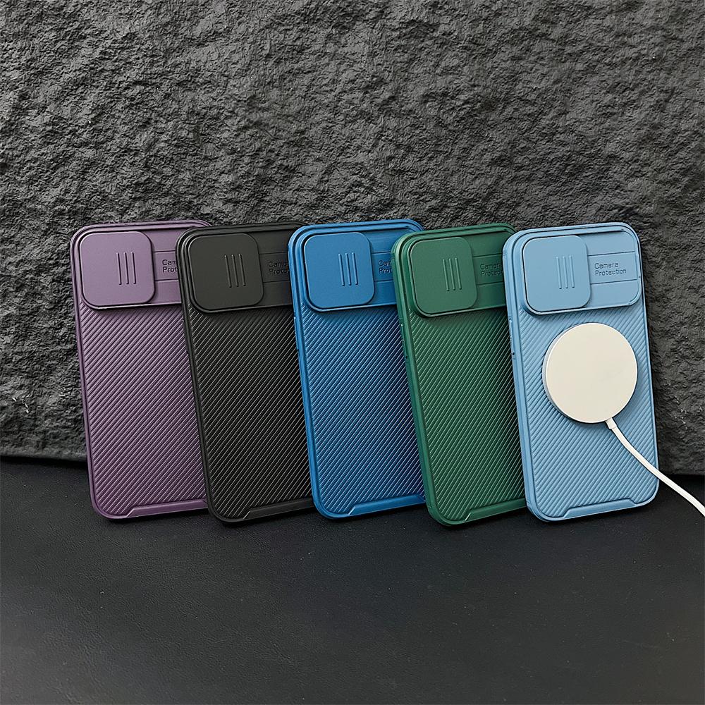 Luxury Slide Camera For MagSafe Magnetic Stripe Armor Case For iPhone 16 15 14 13 12 Pro Max Plus Mini 11 Wireless Charger Cover