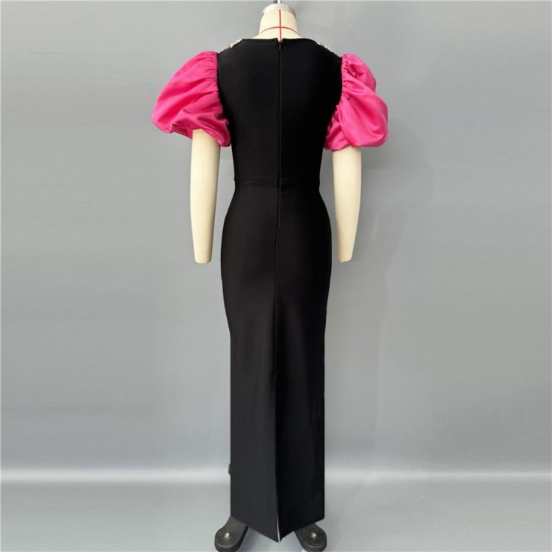 New bandage dress fashionable women's clothing square neck bubble sleeve design sense women's clothing diamond-encrusted evening dress sexy