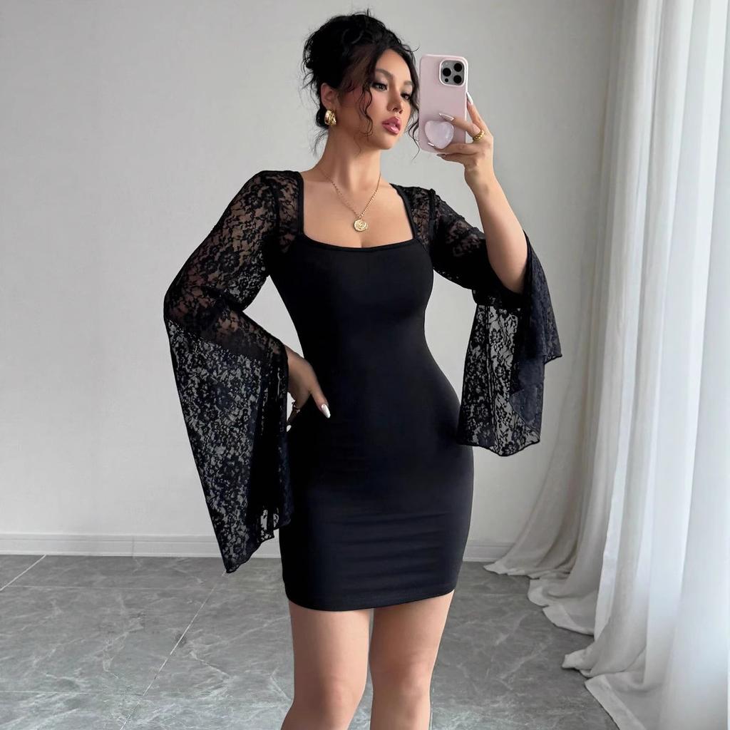 Autumn Bell Sleeve Slit Solid Color Lace Patchwork Square Neck Bodycon Dress Mature Style French Retro Patchwork Slim Sexy Elegant Women Maxi Dress