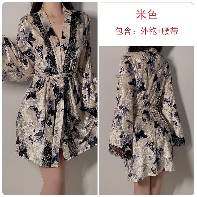 Women's Velvet Butterfly Print Deep V Padded Cami Sleep Dress with Robe Lounge Set