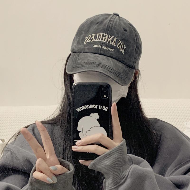 Retro gray baseball hat women's summer washed big head circumference tide autumn and winter showing face small peaked cap