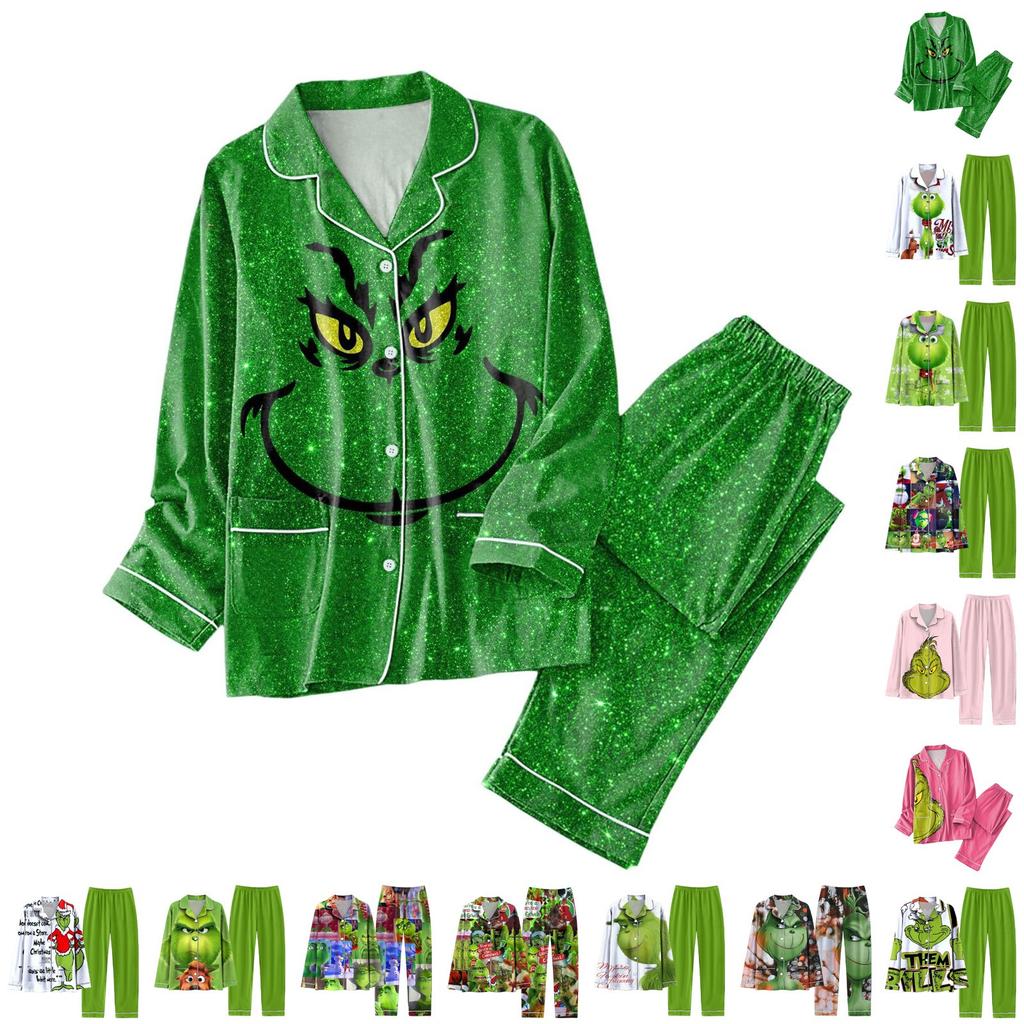 Women's 2 Piece Printed Suit Long Sleeve Button Up Top Wide Leg Pants Suit Set Pajamas Home Casual Suit