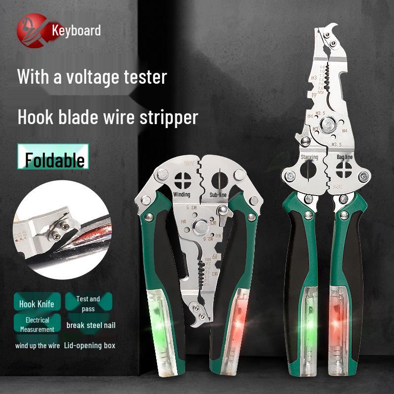 Key Brand Industrial-Grade Multifunction Wire Stripper with Screwdriver, Crimper, Voltage Tester, and Hook Knife for Electricians.