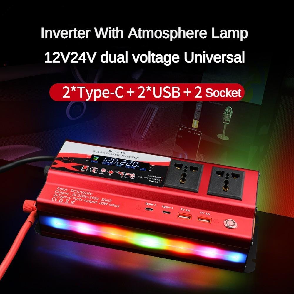 3000W/4000W/6000W Intelligent Display Power Inverter With Light High Power Portable Car Inverter Red Power Converter