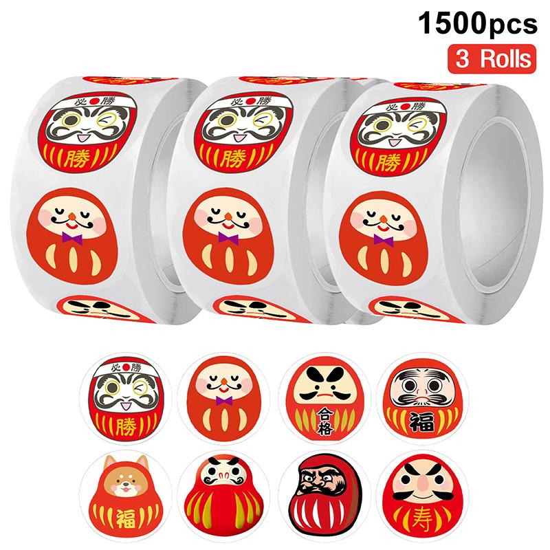 500/1500pcs Japan Daruma Egg Self-Adhesive Stickers Gift Envelope Card Jar DIY Sealing Sticker PVC Waterproof School Supplies