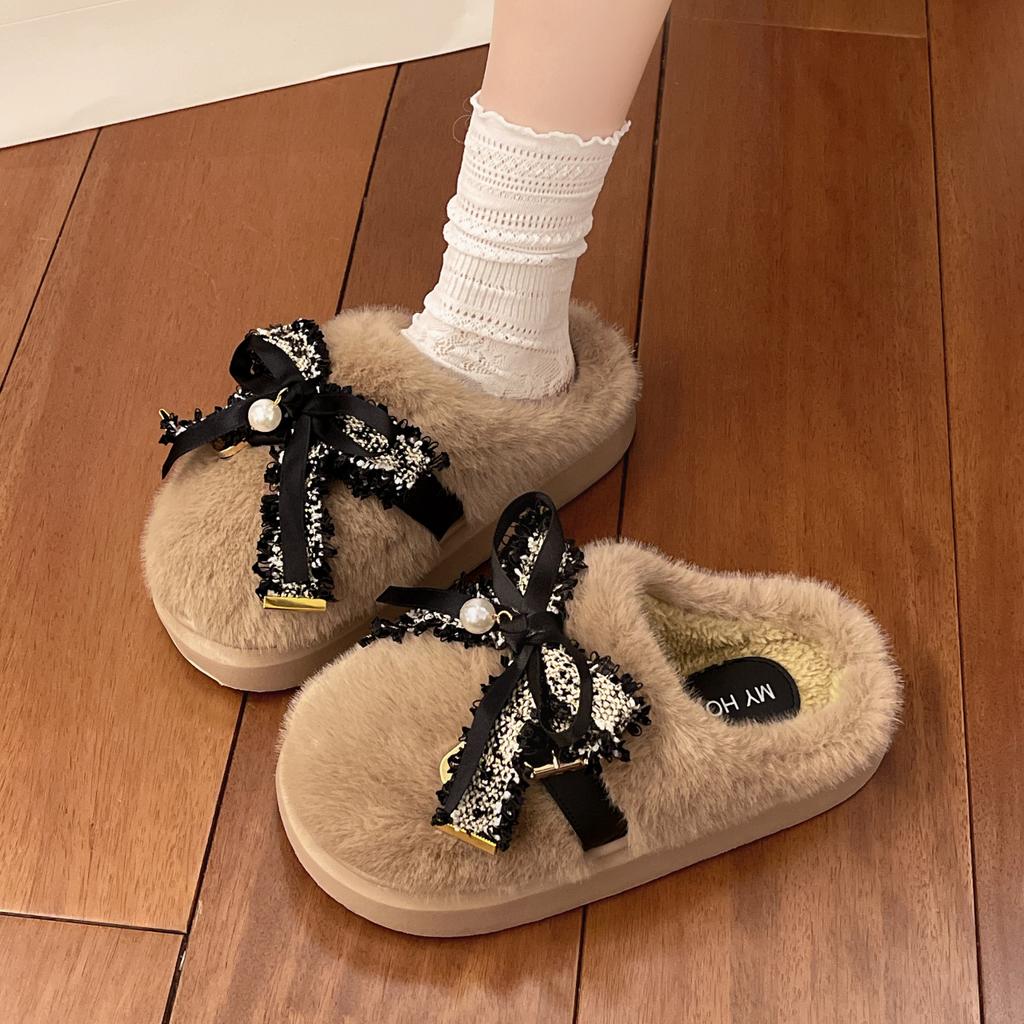 2025 winter new denim bow plush bag head slippers women's home fashion outer wear non-slip cotton mop