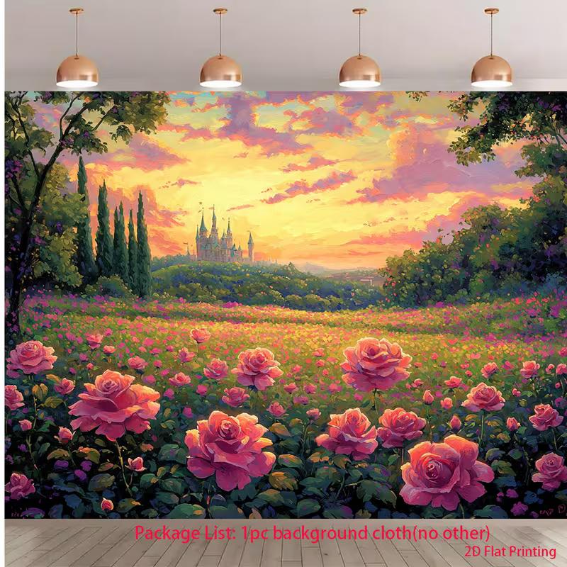 

2D Enchanted Rose Garden Backdrop Castle Sunset Photography Background 47.2x31.5inch/120*80cm