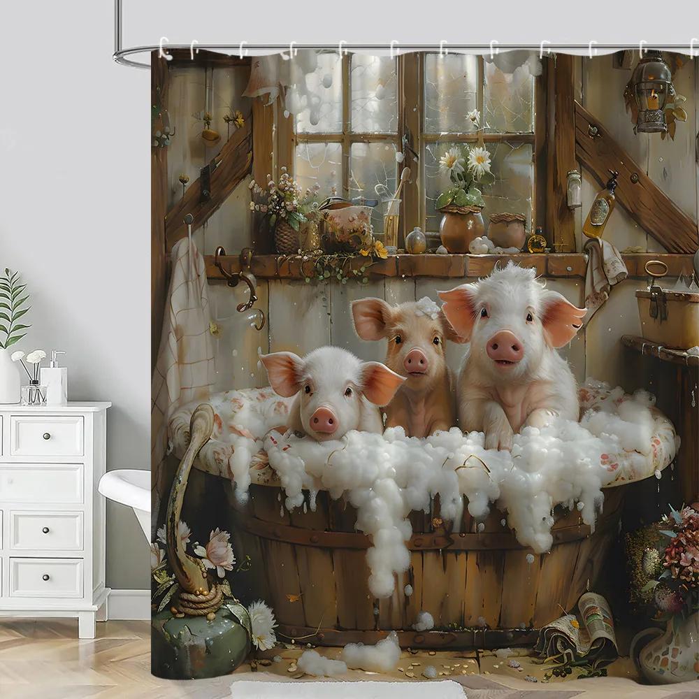 Farm Animals Shower Curtain Funny Pig Sheep Donkey Shower Cartoon Rustic Barn Polyester Fabric Bathroom Decor Curtain Washable