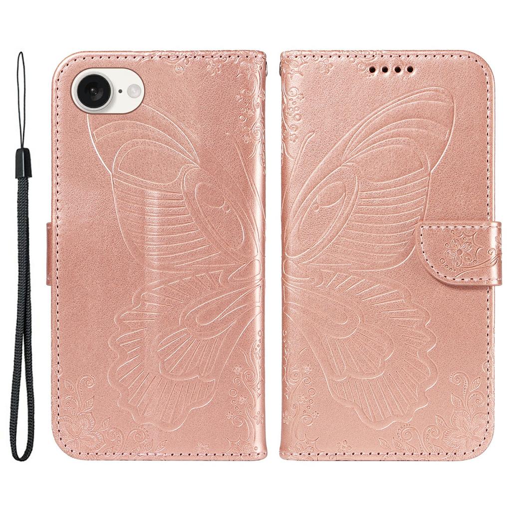 For iPhone 16e Case with Hand Strap Butterfly PU Leather Wallet Phone Cover