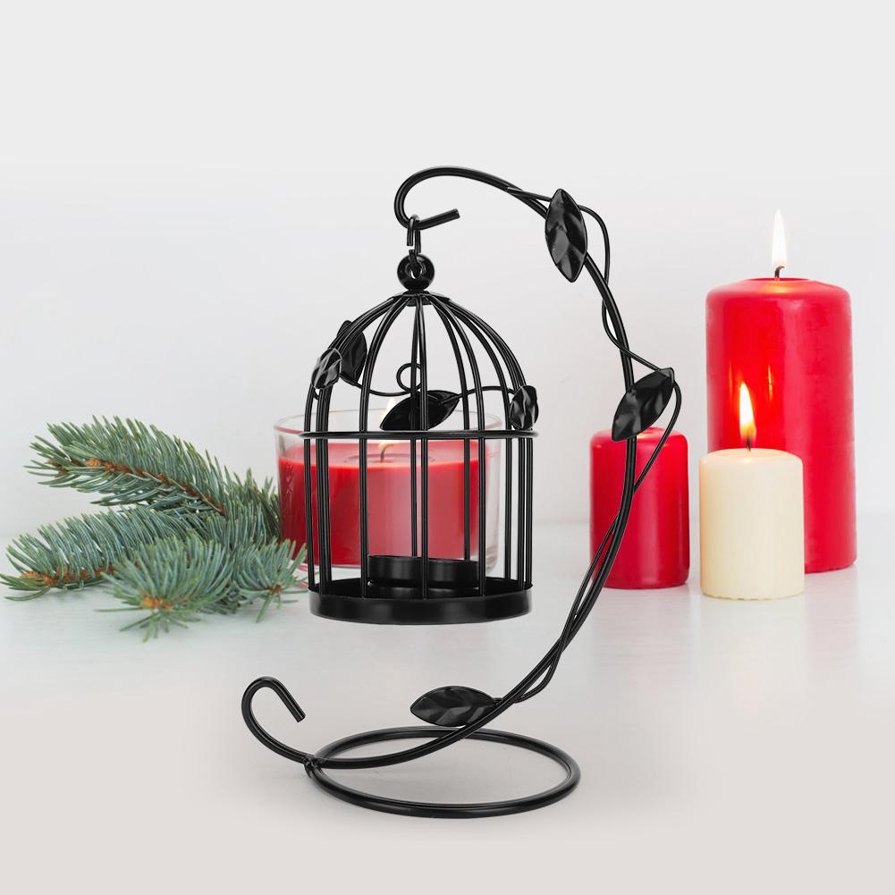 Retro Hollow Out Bird Cage Iron Hanging Candle Holder Candlestick Lantern Home Decor (Black)