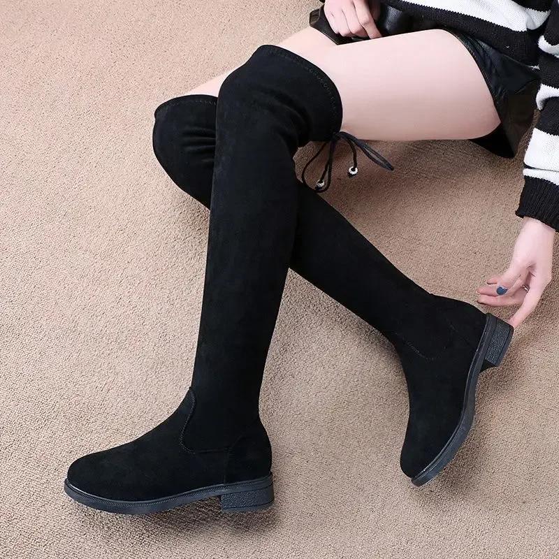 Fashion Large Size Warm Ladies Knee High Shaft Shoes Elegant With Low Heels Elastic Women's Long Boots Demi-season Winter 2024 Novelty