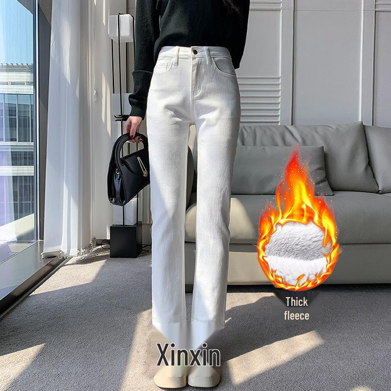 

ZY& Women s High Waist White Plush Slimming Straight Leg Jeans 27