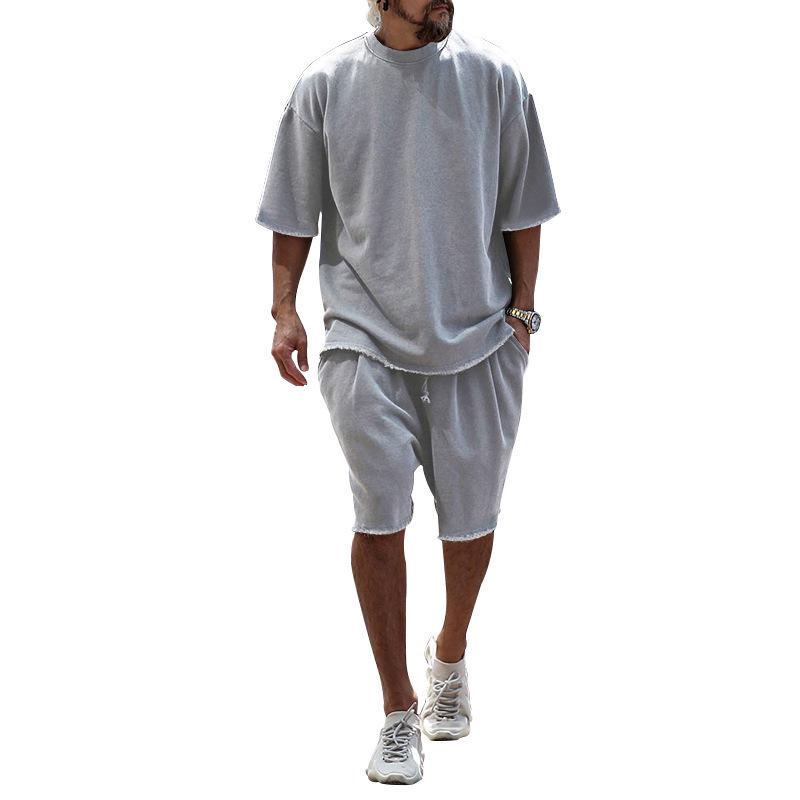 European Plus Size Casual Men's Set: Loose Short Sleeve T-shirt & Solid Color Shorts