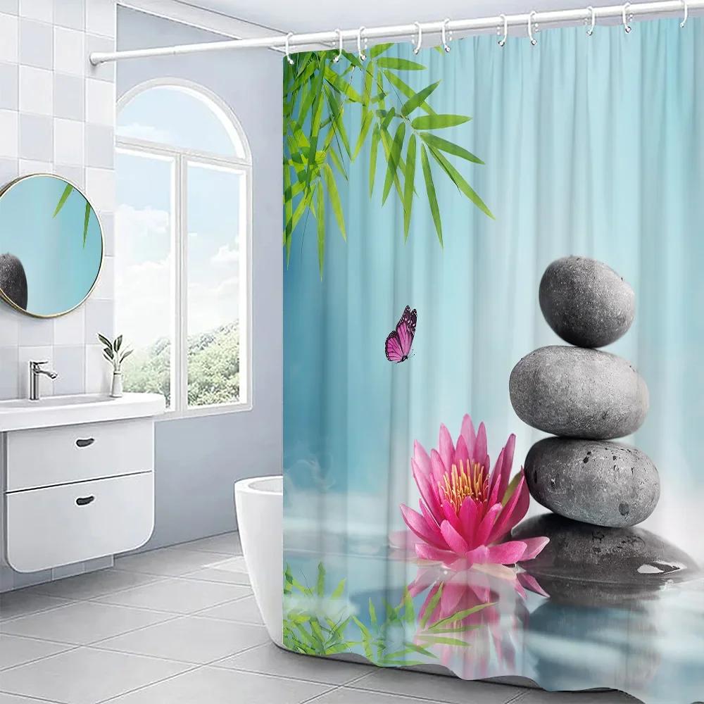 Zen Buddha Green Bamboo Shower Curtain Palm Trees Beach Ocean Flower Plant Nature Landscape Wall Hanging Bathroom Decor Curtains