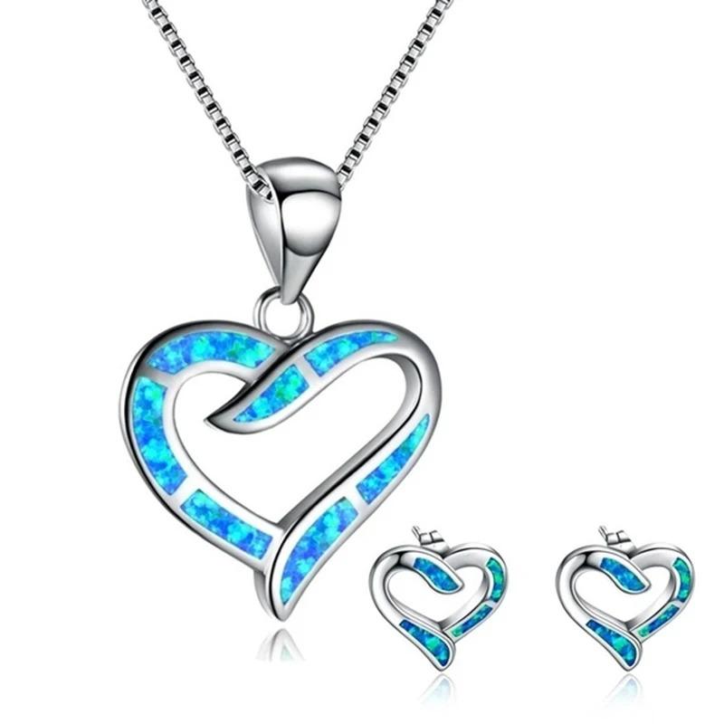 

Romantic Heart Imitation Blue Fire Opal Pendant Necklace Earrings Set Accessories For Women Lovers Wedding Party Jewelry Gifts синий