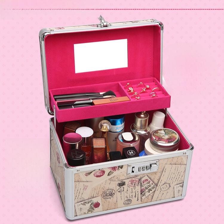 Portable Double-Layer Aluminum Alloy Cosmetic Case with Mirror and Password Lock