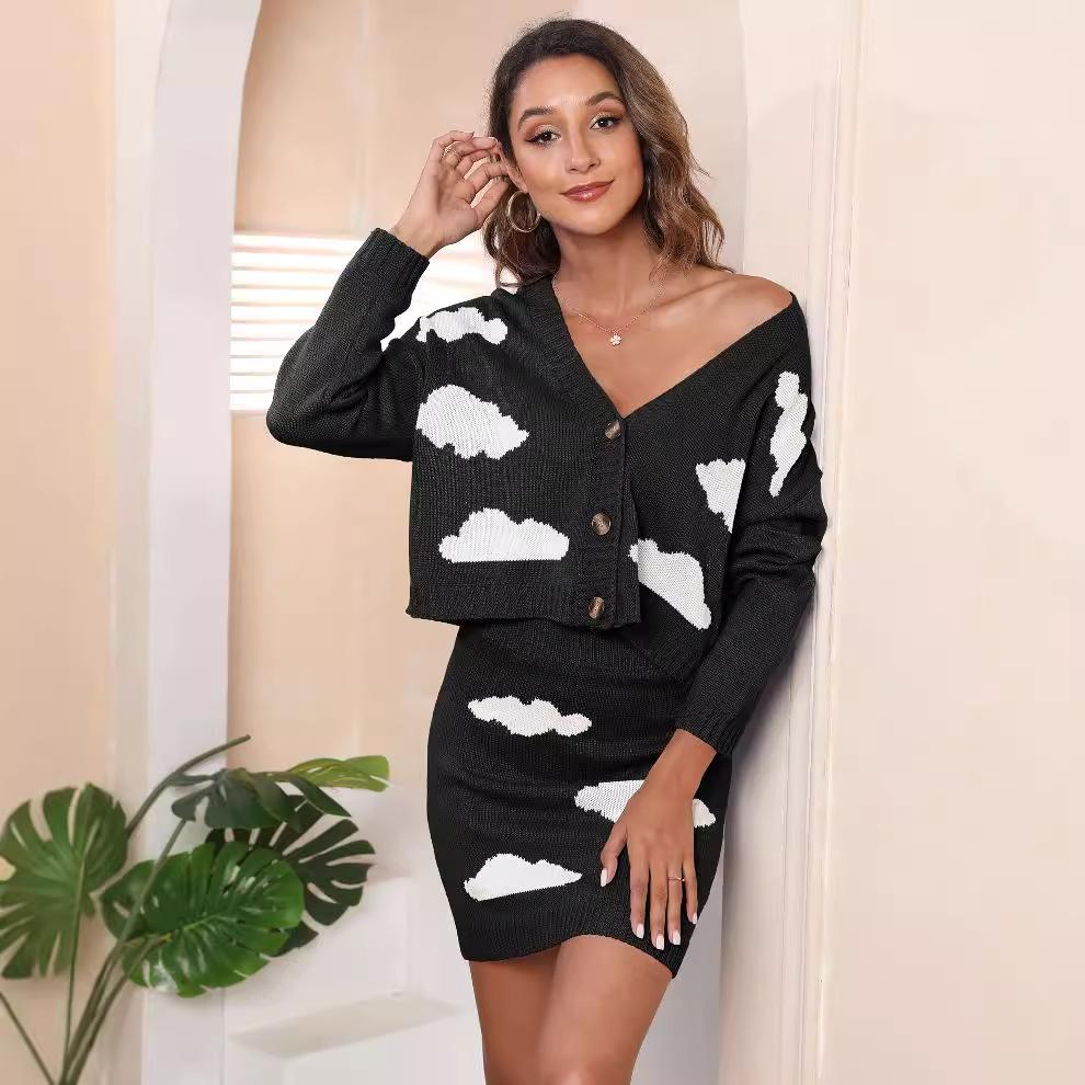 Women's suit European and American women's clothing white cloud jacquard three-button cardigan hip-wrapped short skirt sweater two-piece set M612