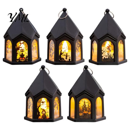 Dark Fairy Tale Decor Halloween Pumpkin Lantern, Gothic House Shape LED Flickering Candle Light Battery Operated Lanterns for Party, Spooky