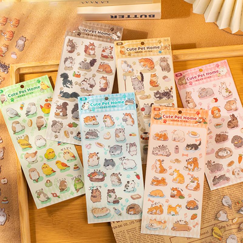 Mr.Paper 6Packs Cute Pet Home Series PET Sticker Single Sheet Kawaii Animal Design DIY Journal Scrapbook Phone Case Dairy Decor