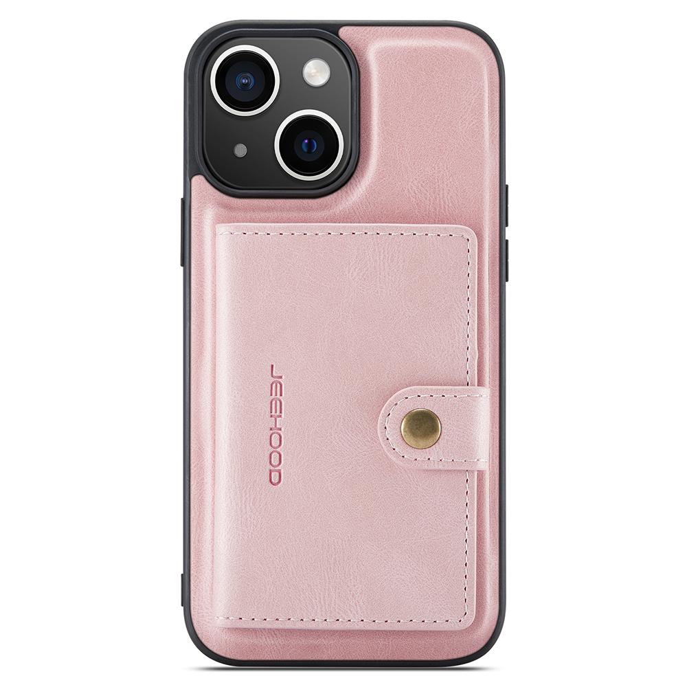 

JEEHOOD J01 For iPhone 15 Case Card Bag Kickstand Leather Coated TPU Phone Cover Pink
