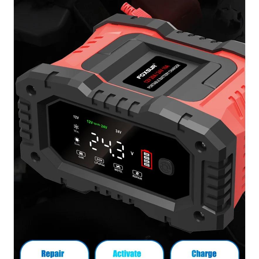 מטען מצברים אוטומטי מלא 12V/24V 20A/10A 7-סגמנטי חכם למצבר רכב תיקון פולסים לטעינת מצברי עופרת חומצית רטובים ג'ל AGM