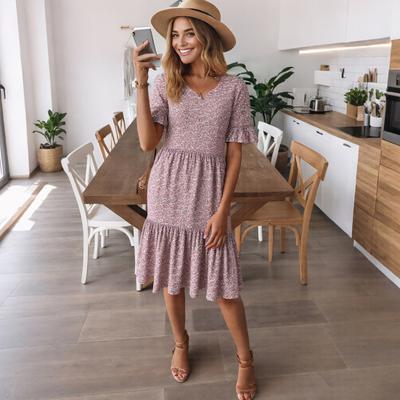 Women Summer Floral Midi Dress Casual V-Neck Ruffle Short Sleeve Flowy Dress Boho Beach Vacation Sundress